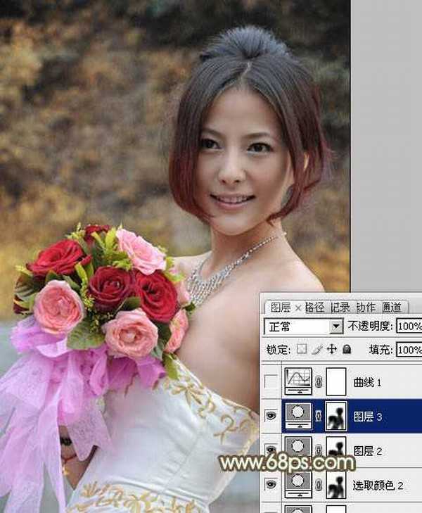 Photoshop将美女婚片调出柔美的秋季黄褐色效果