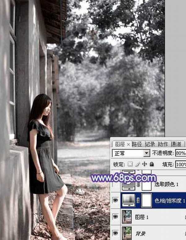 photoshop利用通道替换将房檐下美女图片增加上柔和的蓝色效果