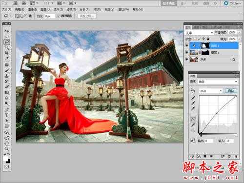 Photoshop为古建筑人物图片增加天空及美化教程