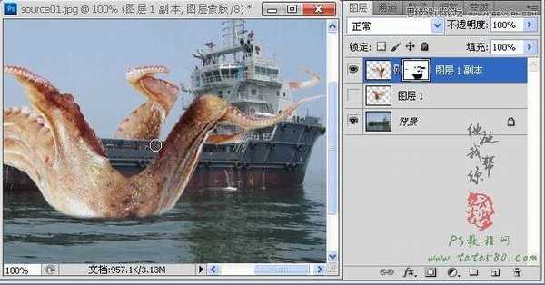 Photoshop合成史前大章鱼袭击轮船效果